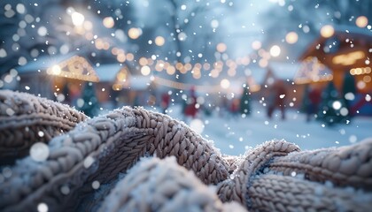 Cozy knitted fabric with snowfall in the background at a festive Christmas market, capturing winter holiday spirit and warmth.