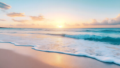 Obraz premium Crystal-clear turquoise waters with gentle waves lapping at a pristine beach under a golden sunset