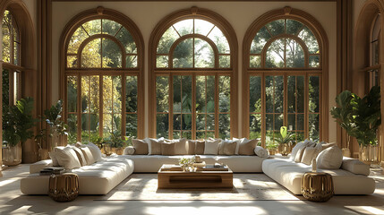 Modern Living Room with Large Arched Windows and Sectional Sofa