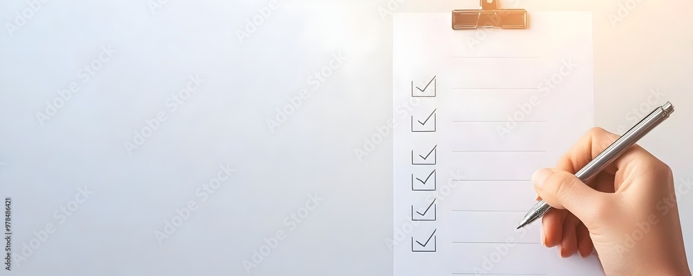 Poster preparing for productivity - close-up of hand holding pen over blank checklist with open checkboxes 
