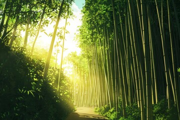 Obraz premium A Serene Nature Walk Through A Tranquil Bamboo Forest, With Soft Light Filtering Through The Tall Bamboo Stalks And Creating A Calming, Peaceful Scene. Cozy Vibe, Generative AI 