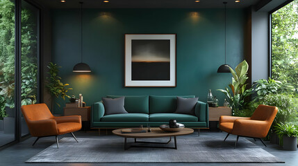 Modern Living Room Decor with Teal Walls, Brown Leather Armchairs, and Natural Light
