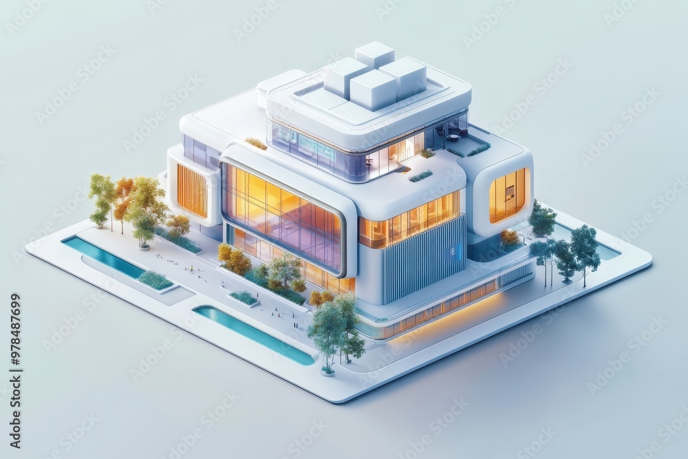 Poster a modern architectural design featuring a futuristic building with large windows and greenery.