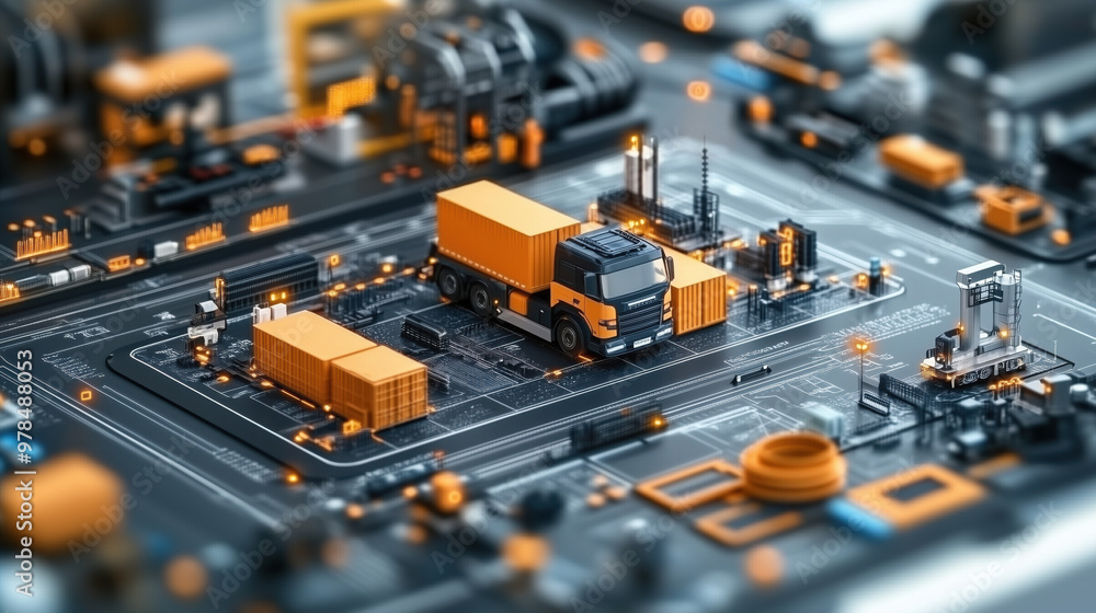 Poster efficient supply chain with tracking icons and logistics elements
