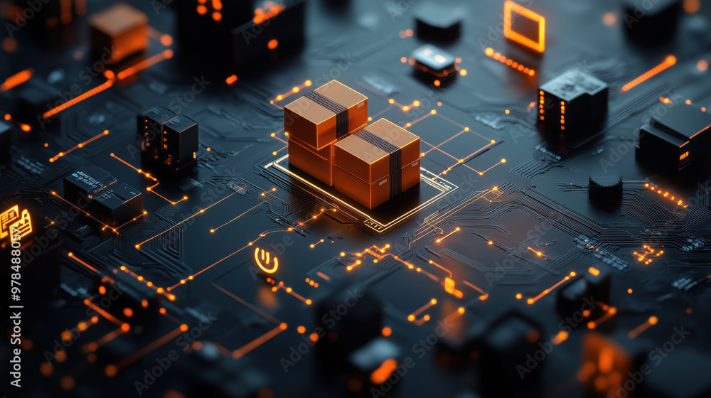 Poster digital supply chain with tracking icons and circuit board elements