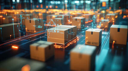 Digital supply chain with tracking icons and glowing packages