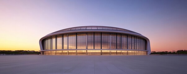 A futuristic stadium with glass walls and a retractable roof, futuristic stadium, glass walls, retractable roof