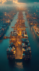 A bustling port with illuminated shipping containers and cranes at dusk