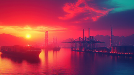 Obraz premium A stunning sunset over vibrant logistics plant, with ships and mountains