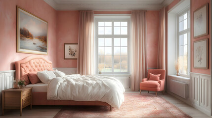 Pink Bedroom Design with White Bed,  Curtains, and  Wooden Floor, Decorated with Artwork