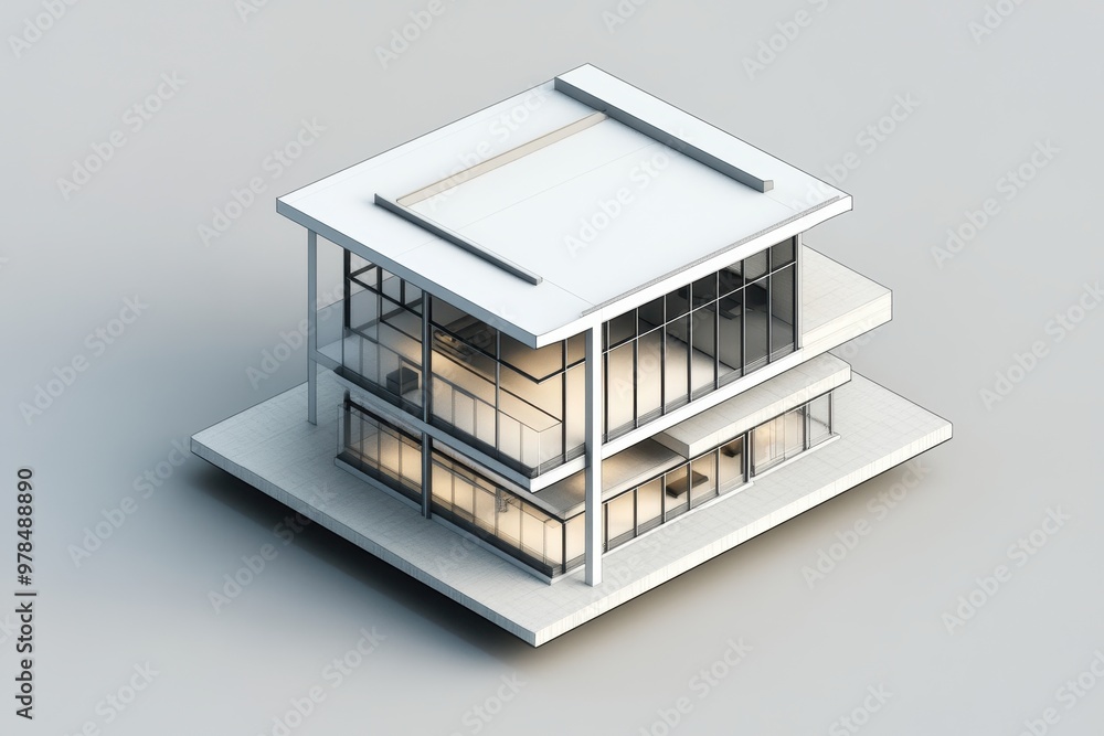 Poster a modern architectural design showcasing a multi-level building with large glass windows.