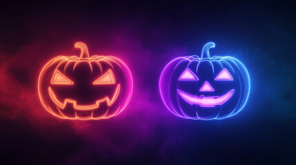 Glowing neon pumpkins illuminate a dark background, showcasing spooky and cheerful expressions, ideal for Halloween celebrations and themed events, copy space