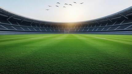 Fototapeta premium A quiet moment in an empty soccer stadium, with birds flying overhead and the field freshly mowed, empty stadium, birds, soccer field