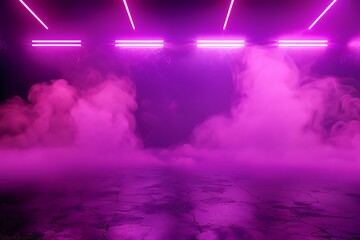 The dark stage shows, purple background, an empty dark scene, neon light, spotlights The asphalt floor and studio room with smoke float up the interior texture for display , Purple background ,

