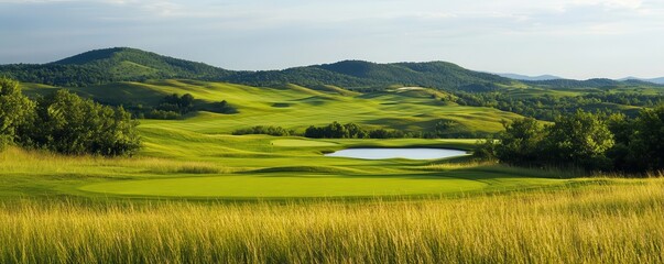 Naklejka premium A scenic landscape of a golf course stadium, with rolling green hills and lakes, golf course stadium, green hills, lakes