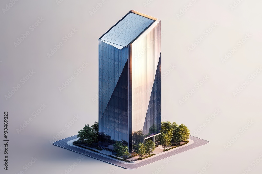Poster a modern architectural model of a sleek, angular skyscraper surrounded by greenery.