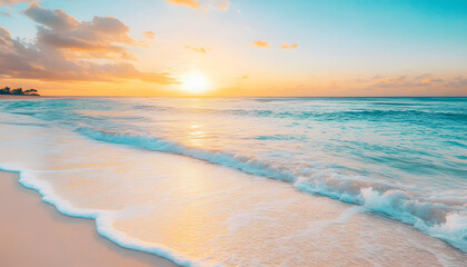 Fototapeta premium Crystal-clear turquoise waters with gentle waves lapping at a pristine beach under a golden sunset