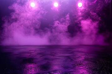 The dark stage shows, purple background, an empty dark scene, neon light, spotlights The asphalt floor and studio room with smoke float up the interior texture for display , Purple background ,
