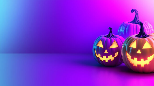 Glowing jack-o'-lanterns sit on a smooth surface, surrounded by a rich purple and blue background perfect for Halloween-themed designs and messages, copy space