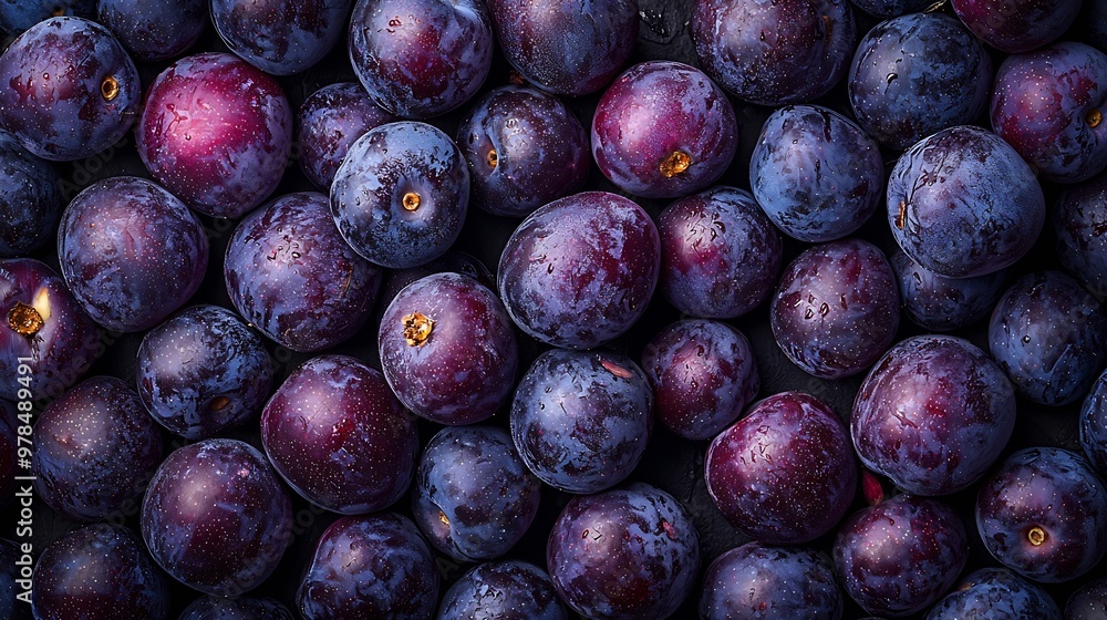 Poster lots of fresh ripe plums top view background texture : generative ai
