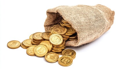 Gold coins spilling out of a burlap treasure sack, with some stacked in piles on a white background. Bright and clean image for themes of fortune.
