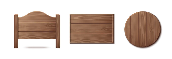 Wood signs set isolated on white background. Vector realistic illustration of blank round and rectangular wooden signboards with natural texture, brown plaques, saloon signboard, interior element