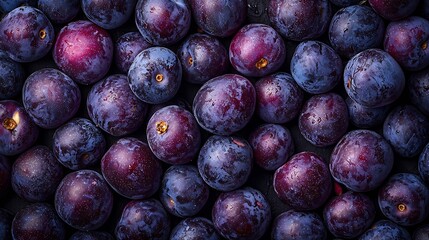 Lots of Fresh Ripe Plums Top View Background Texture : Generative AI