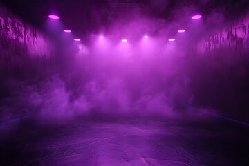 The dark stage shows, purple background, an empty dark scene, neon light, spotlights The asphalt floor and studio room with smoke float up the interior texture for display , Purple background ,
