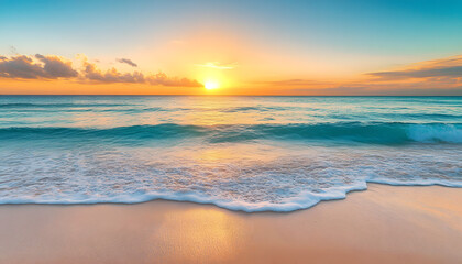 Obraz premium Crystal-clear turquoise waters with gentle waves lapping at a pristine beach under a golden sunset