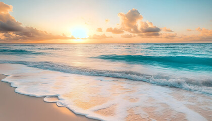 Crystal-clear turquoise waters with gentle waves lapping at a pristine beach under a golden sunset