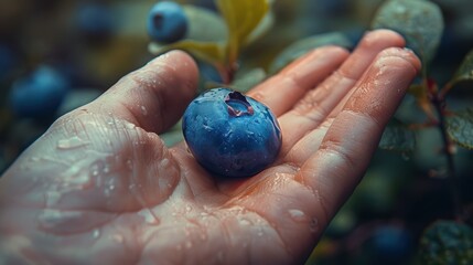 Hand holding blueberry showcasing juicy texture and ripeness