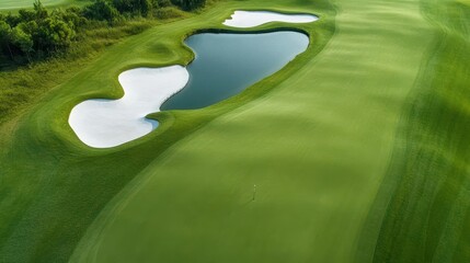 A drone shot of a sprawling golf course stadium with natural lakes and bunkers, drone shot, golf stadium, lakes