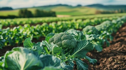 Healthy broccoli plants growing in a farm field, their green heads part of the Brassica oleracea species, alongside cabbage and cauliflower. A staple in vegetable cultivation
