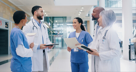 Documents, tablet and doctors in discussion in hospital for medical results, consulting or...