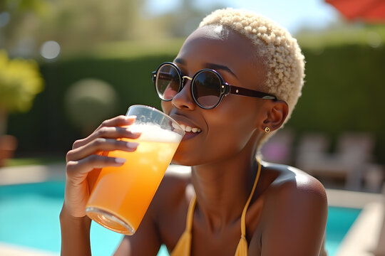 a beautiful young black woman with short hair is drinking orange juice