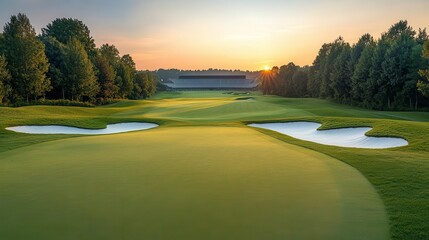 A serene sunrise over a golf stadium, with fog gently lifting from the fairways, sunrise, golf stadium, fairways