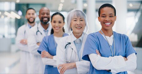 Healthcare, people and portrait with arms crossed in hospital for medical service, pride and unity. Workers, diversity and nurses with doctors with smile for solidarity, trust or confidence at clinic