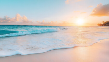 Fototapeta premium Crystal-clear turquoise waters with gentle waves lapping at a pristine beach under a golden sunset