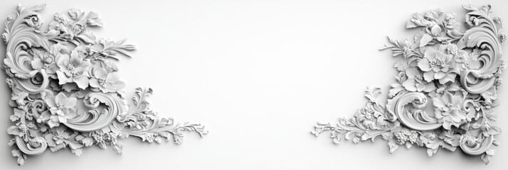 Baroque-style floral and scroll border with intricate filigree in black and white, isolated on white