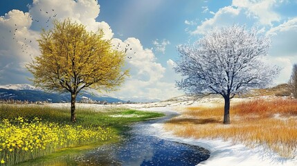 Fototapeta premium Change of seasons from winter to spring and summer .generative ai