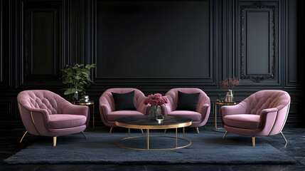 Elegant Living Room Design with Velvet Armchairs, Black Walls and Gold Accents