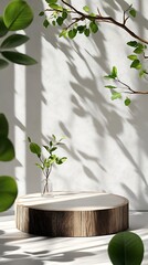 White pedestal in front of a bright wall, with soft green plant shadows creating an artistic minimalist composition, Sunlit Minimalist Staircase with Greenery and Shadows, room with a window, 



