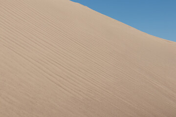Copy space photography, no people, of wind-formed ripples on smooth desert sand dunes in sunlight,...