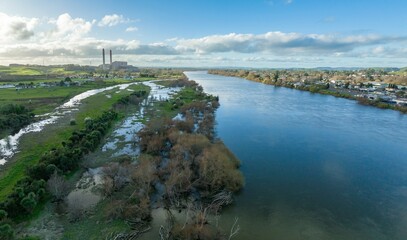 Waikato River and the town of  Huntly, Waikato, New Zealand.