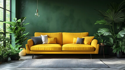 Yellow Sofa with Green Walls and Plants - Interior Design Inspiration