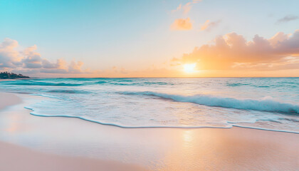Fototapeta premium Crystal-clear turquoise waters with gentle waves lapping at a pristine beach under a golden sunset