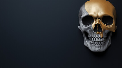 Obraz premium This skull features a gleaming gold accent against a black backdrop, making it an ideal centerpiece for Halloween decorations and autumn festivities, copy space