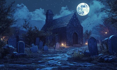 Spooky Halloween night landscape with dark silhouette of haunted castle under the moonlit sky, surrounded by eerie trees and a graveyard