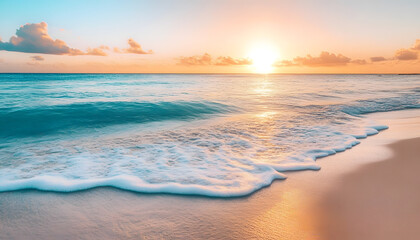 Fototapeta premium Crystal-clear turquoise waters with gentle waves lapping at a pristine beach under a golden sunset