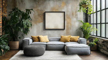 Modern Living Room Design with Gray Sofa, Yellow Pillows, and Plants